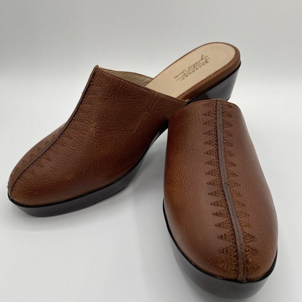 Rockport Brown Leather Mules Women’s Size 9M Center Stitching Accent/Seam